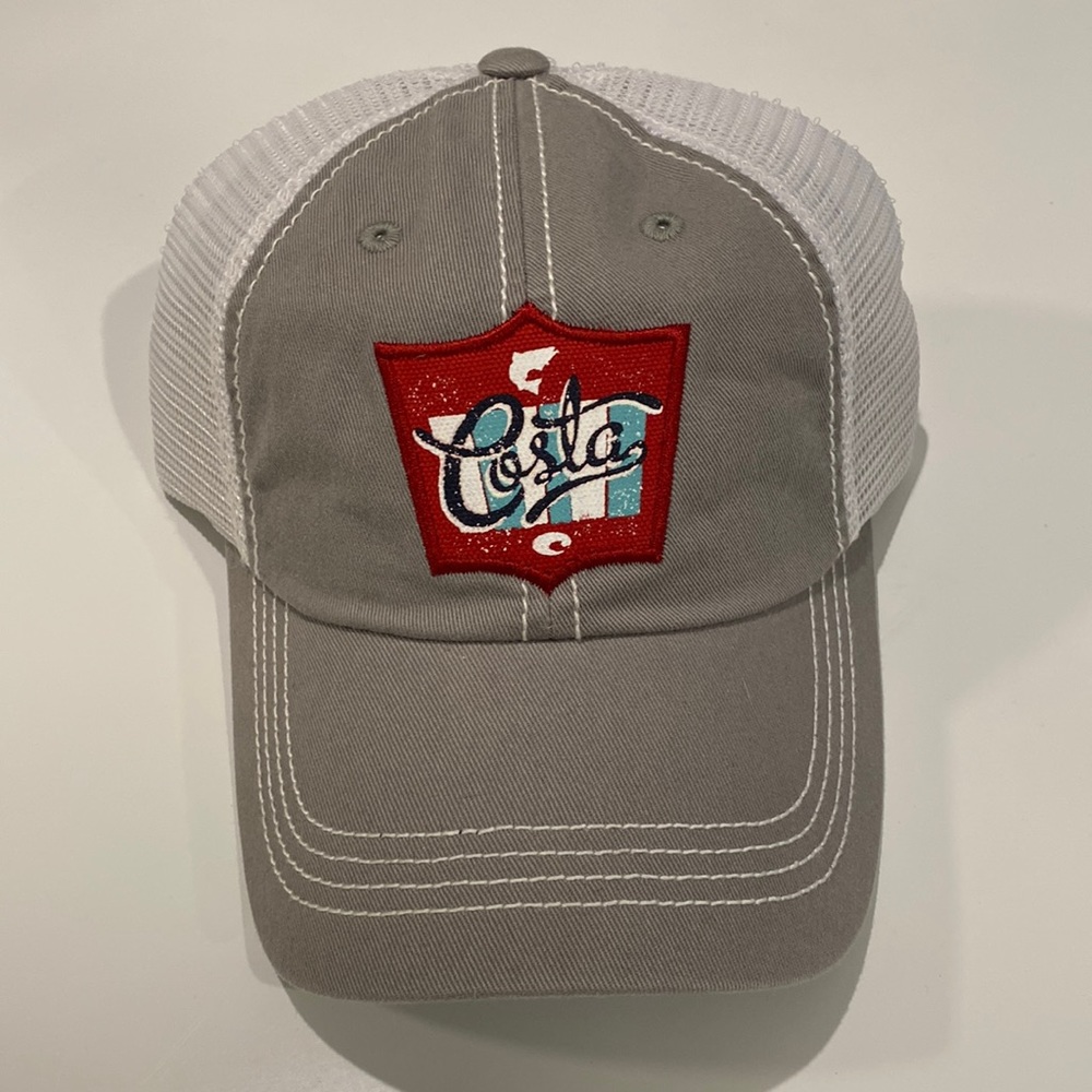 New Costa Trucker Hat Mesh Sides Snap Back Gray and Red